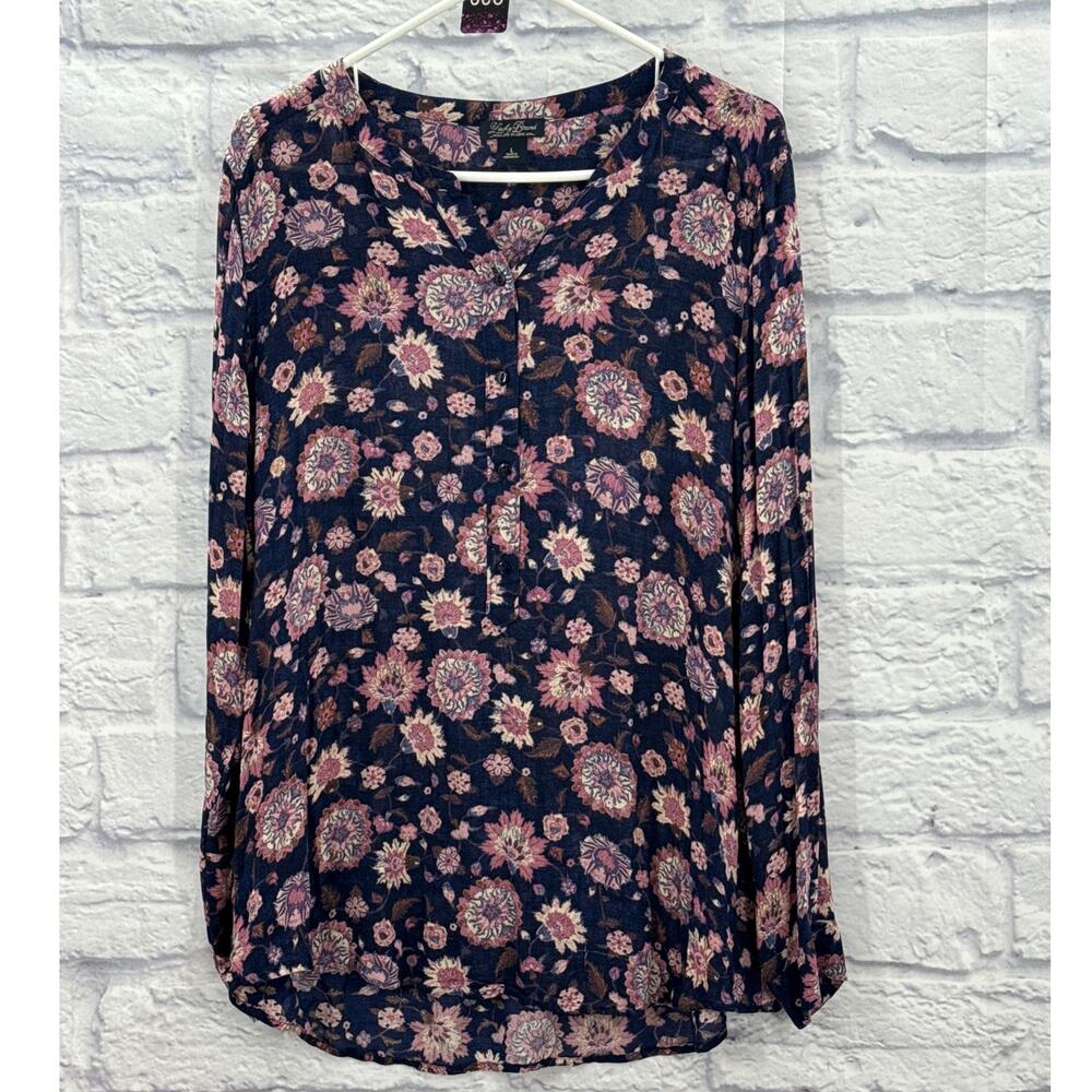 Lucky Brand Women's Thin Large Long sleeved Partial Button Navy Floral